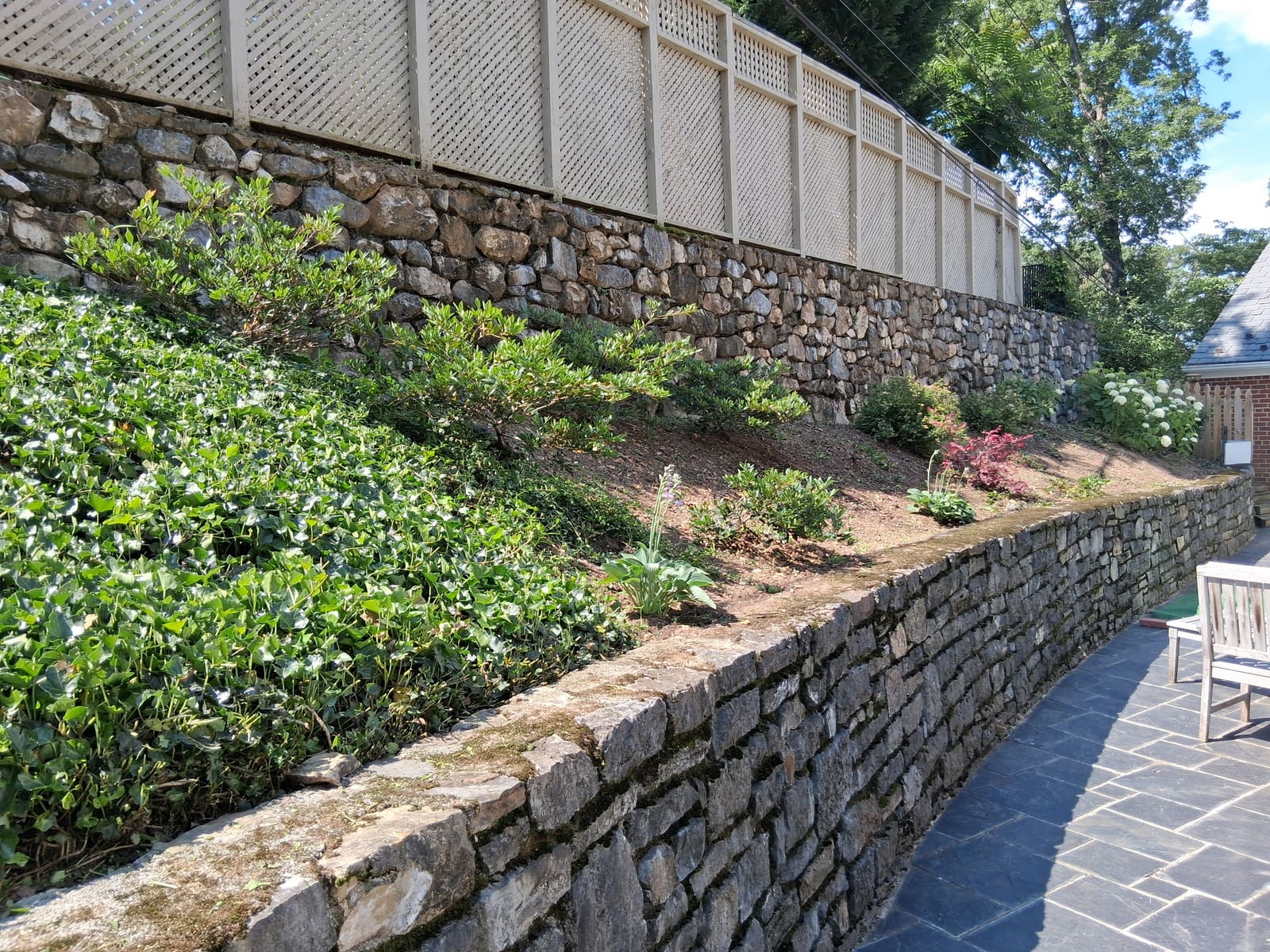 Stone wall planting bed after service